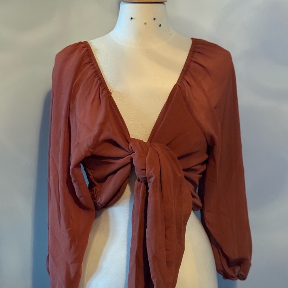 Plus Size Elegant Rust Tie-Front Blouse